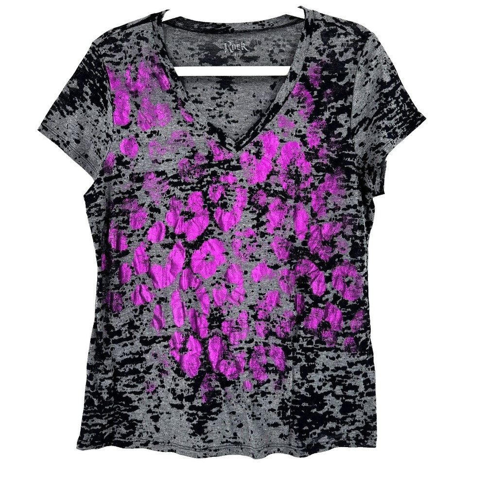 Rock 47 Metallic Purple T-Shirt‎ Women's XL Black V-Neck Yellowstone Rockabilly